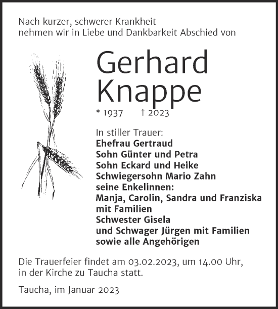 Traueranzeige von Gerhard Knappe von Trauerkombi Weißenfels