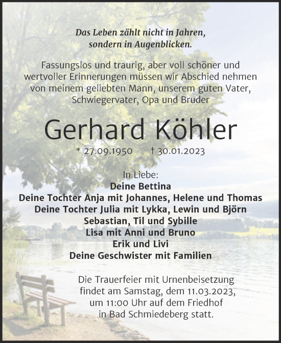 Traueranzeige von Gerhard Köhler von Trauerkombi Wittenberg