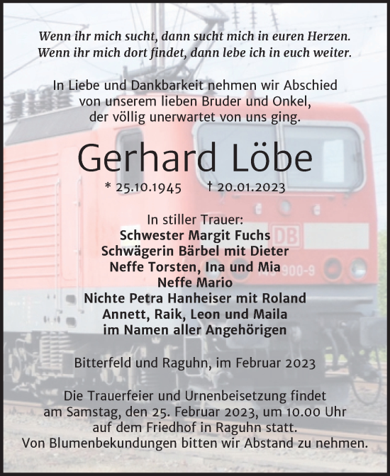 Traueranzeige von Gerhard Löbe von Trauerkombi Bitterfeld