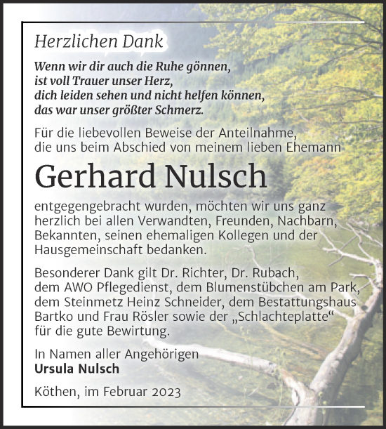 Traueranzeige von Gerhard Nulsch von Trauerkombi Köthen