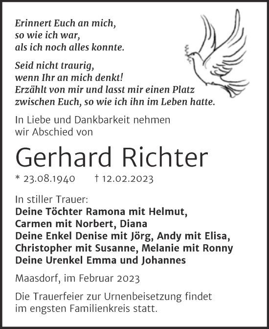 Traueranzeige von Gerhard Richter von Trauerkombi Köthen