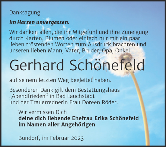 Traueranzeige von Gerhard Schönefeld von Trauerkombi Merseburg