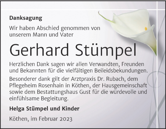 Traueranzeige von Gerhard Stümpel von Trauerkombi Köthen
