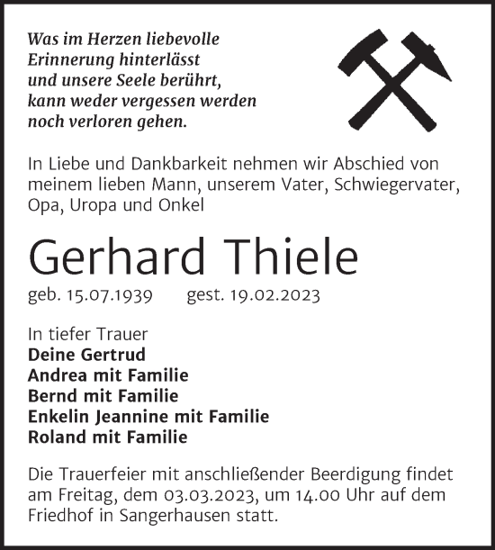 Traueranzeige von Gerhard Thiele von Mitteldeutsche Zeitung Sangerhausen