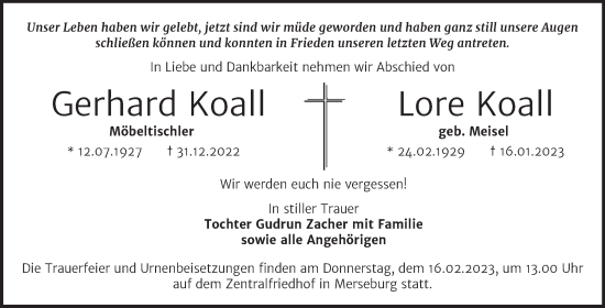 Traueranzeige von Gerhard und Lore Koall von Trauerkombi Merseburg