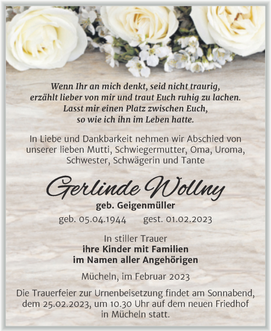 Traueranzeige von Gerlinde Wollny von Trauerkombi Merseburg