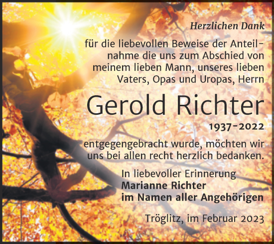 Traueranzeige von Gerold Richter von Trauerkombi Zeitz