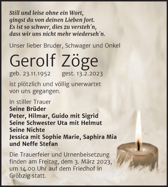 Traueranzeige von Gerolf Zöge von Trauerkombi Köthen