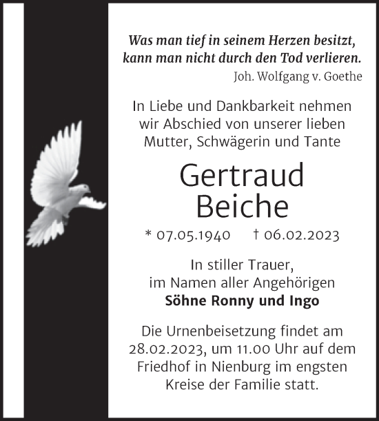 Traueranzeige von Gertraud Beiche von Trauerkombi Bernburg