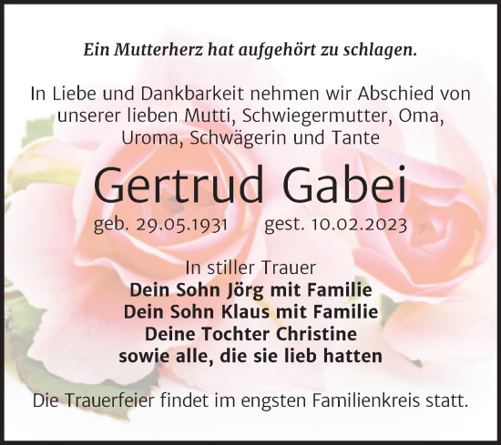 Traueranzeige von Gertrud Gabei von Trauerkombi Quedlinburg