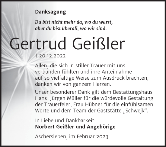 Traueranzeige von Gertrud Geißler von Trauerkombi Aschersleben