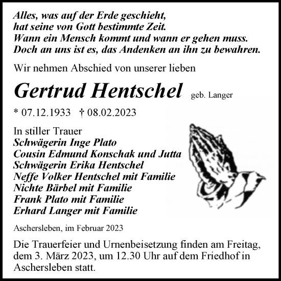 Traueranzeige von Gertrud Hentschel von Trauerkombi Aschersleben