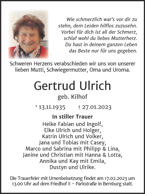 Traueranzeige von Gertrud Ulrich von Trauerkombi Bernburg