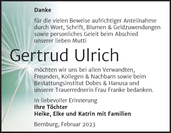 Traueranzeige von Gertrud Ulrich von Trauerkombi Bernburg