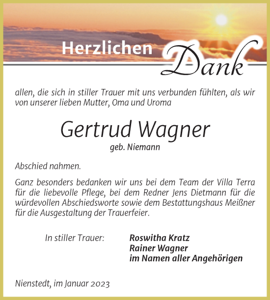 Traueranzeige von Gertrud Wagner von Trauerkombi Sangerhausen