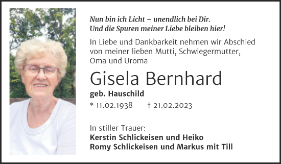 Traueranzeige von Gisela Bernhard von Mitteldeutsche Zeitung Zeitz