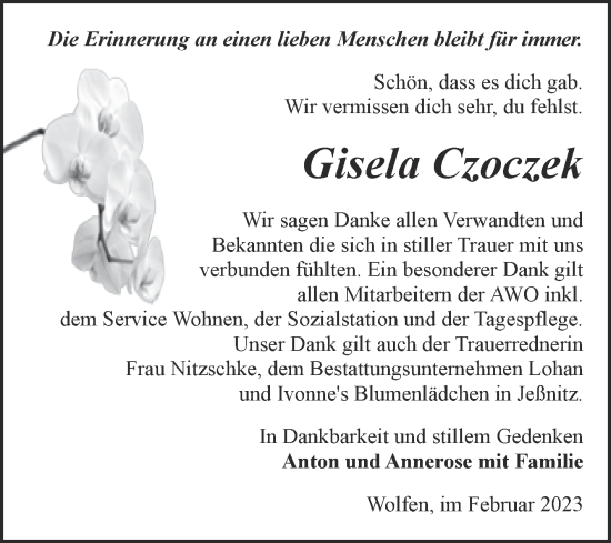 Traueranzeige von Gisela Czoczek von Trauerkombi Bitterfeld