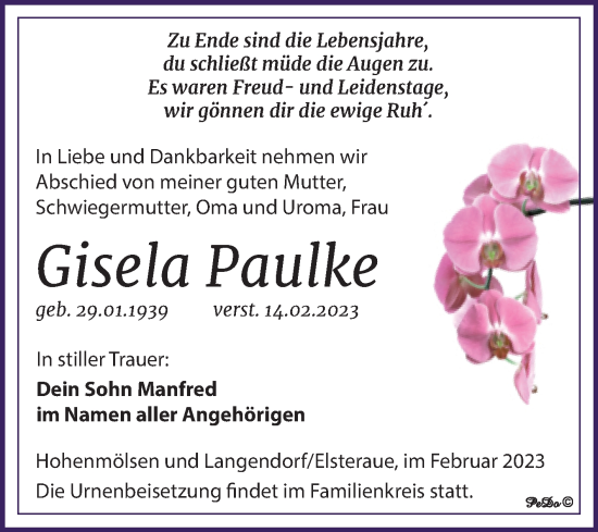 Traueranzeige von Gisela Paulke von Trauerkombi Weißenfels
