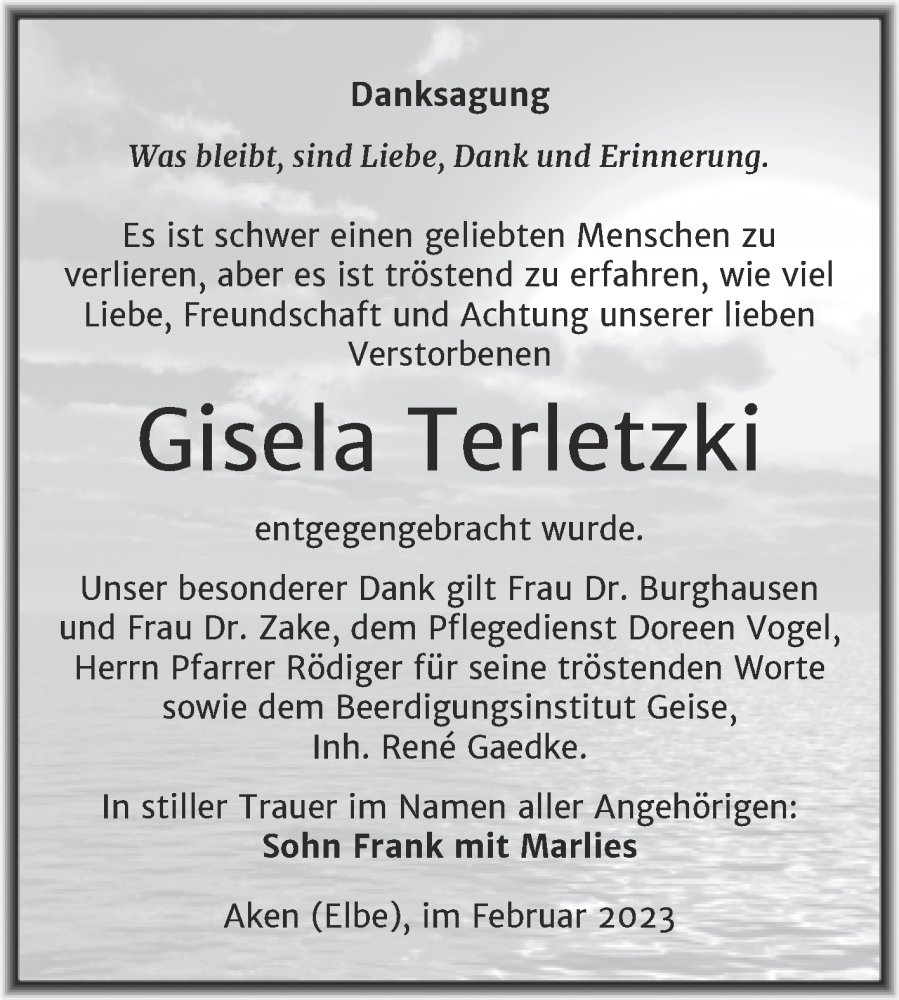  Traueranzeige für Gisela Terletzki vom 18.02.2023 aus Trauerkombi Köthen