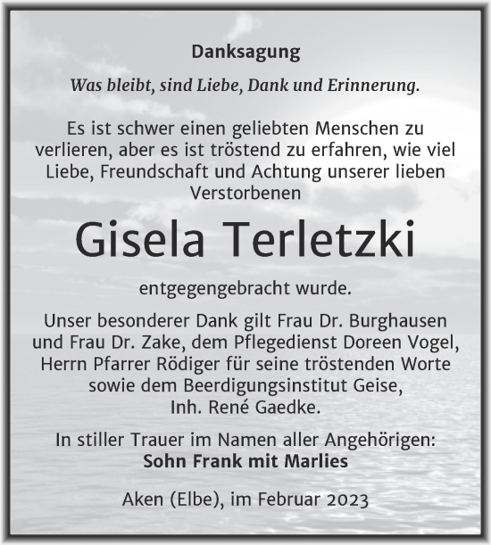 Traueranzeige von Gisela Terletzki von Trauerkombi Köthen
