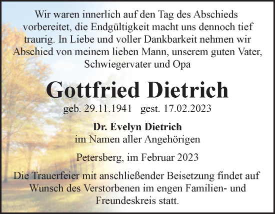 Traueranzeige von Gottfried Dietrich von Mitteldeutsche Zeitung Halle/Saalkreis
