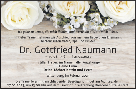 Traueranzeige von Gottfried Naumann von Trauerkombi Wittenberg