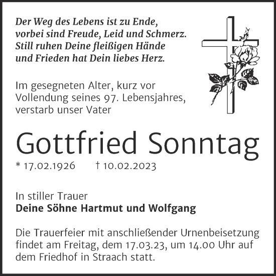 Traueranzeige von Gottfried Sonntag von Trauerkombi Wittenberg