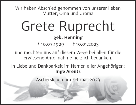 Traueranzeige von Grete Ruprecht von Trauerkombi Aschersleben