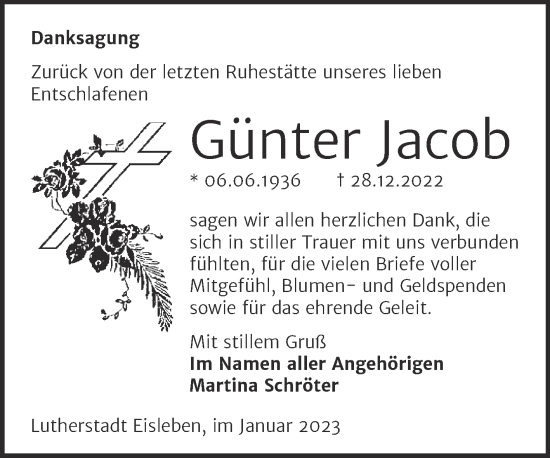 Traueranzeige von Günter Jacob von Trauerkombi Mansfelder Land