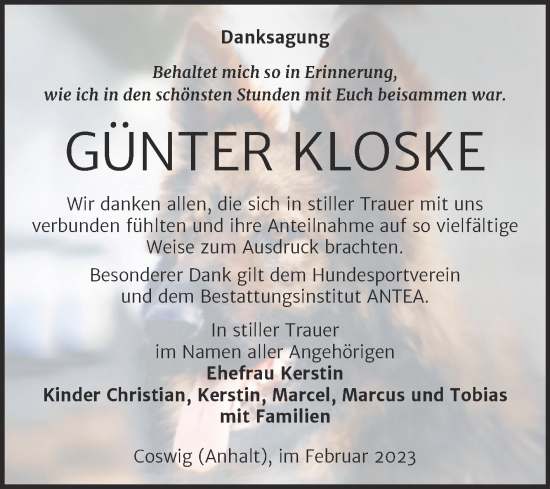 Traueranzeige von Günter Klose von Trauerkombi Wittenberg