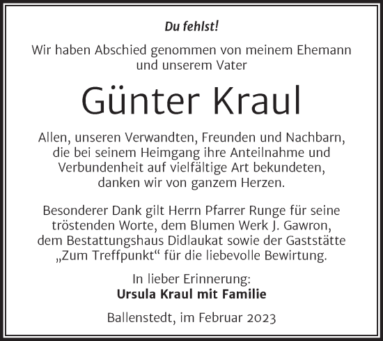 Traueranzeige von Günter Kraul von Trauerkombi Quedlinburg