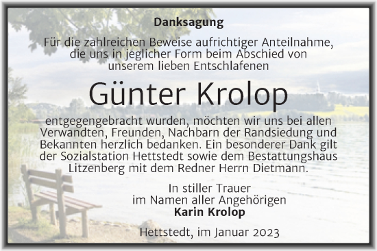 Traueranzeige von Günter Krolop von Trauerkombi Mansfelder Land