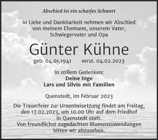 Traueranzeige von Günter Kühne von Trauerkombi Mansfelder Land