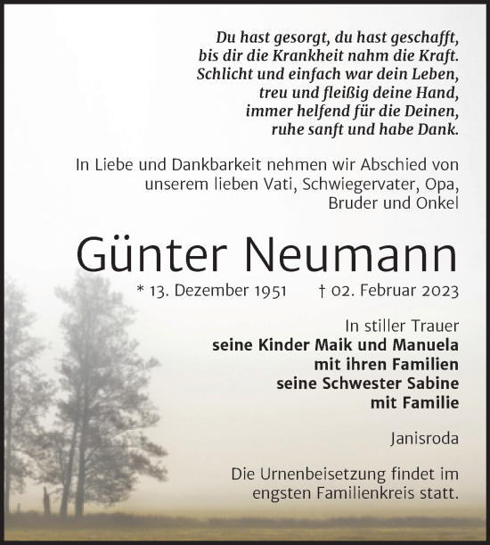Traueranzeige von Günter Neumann von Wochenspiegel Naumburg/Nebra