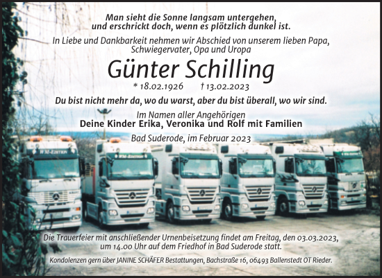 Traueranzeige von Günter Schilling von Trauerkombi Quedlinburg