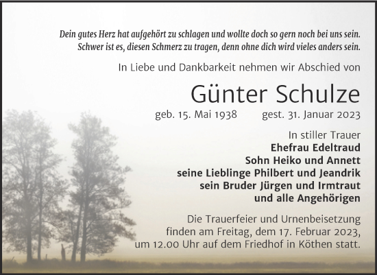 Traueranzeige von Günter Schulze von Trauerkombi Köthen