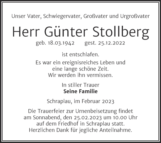 Traueranzeige von Günter Stollberg von Trauerkombi Merseburg