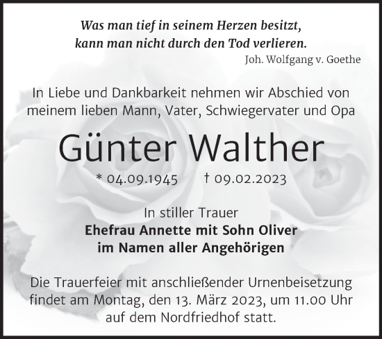 Traueranzeige von Günter Walther von Mitteldeutsche Zeitung Halle/Saalkreis