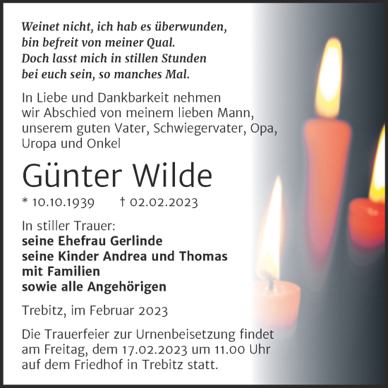 Traueranzeige von Günter Wilde von Mitteldeutsche Zeitung Halle/Saalkreis
