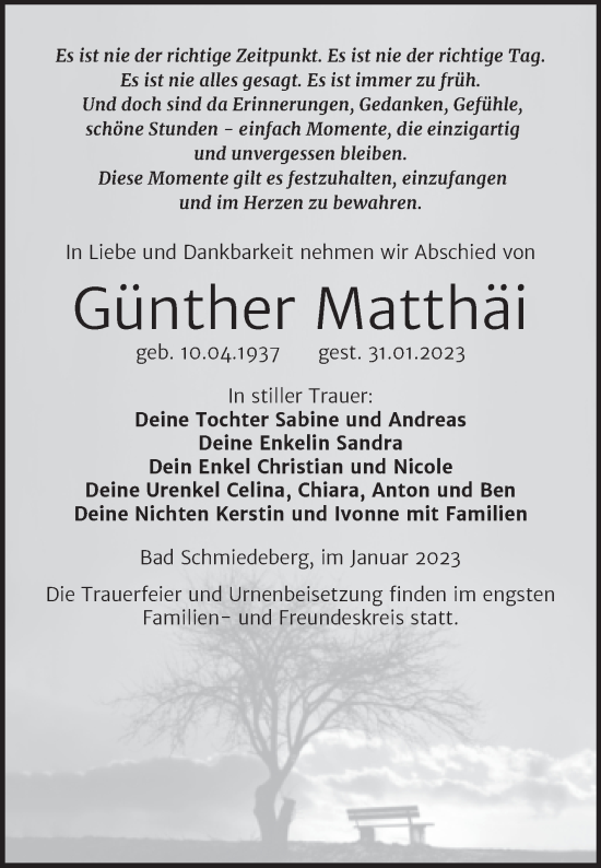 Traueranzeige von Günther Matthäi von Trauerkombi Wittenberg