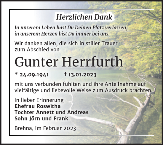 Traueranzeige von Gunter Herrfurth von Trauerkombi Bitterfeld