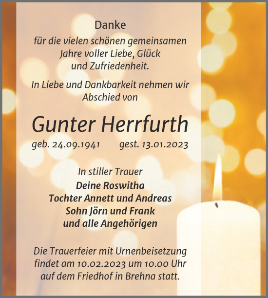 Traueranzeige von Gunter Herrfurth von Trauerkombi Bitterfeld