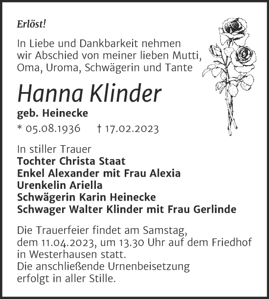 Traueranzeige von Hanna Klinder von Trauerkombi Quedlinburg