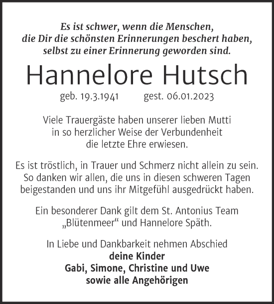 Traueranzeige von Hannelore Hutsch von Trauerkombi Aschersleben