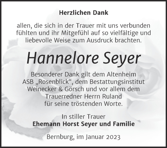 Traueranzeige von Hannelore Seyer von Trauerkombi Bernburg