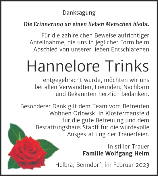 Traueranzeige von Hannelore Trinks von Trauerkombi Mansfelder Land
