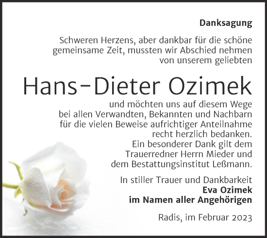 Traueranzeige von Hans-Dieter Ozimek von Trauerkombi Wittenberg