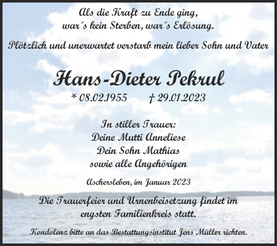 Traueranzeige von Hans-Dieter Pekrul von Trauerkombi Aschersleben