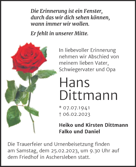 Traueranzeige von Hans Dittmann von Trauerkombi Aschersleben