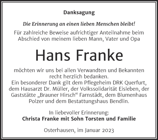 Traueranzeige von Hans Franke von Trauerkombi Mansfelder Land